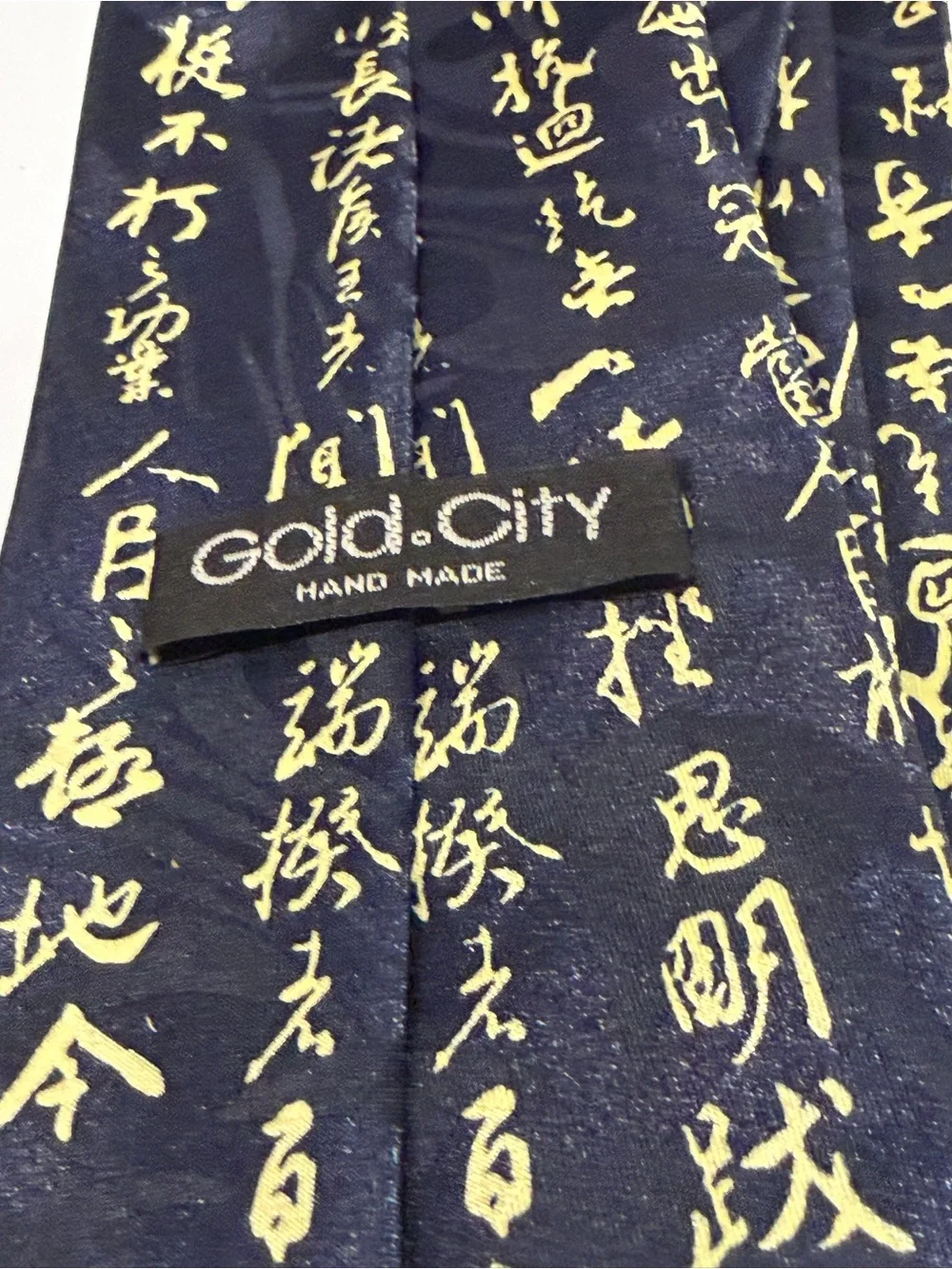 GOLD CITY Hand Made Navy Blue Necktie Tie Chinese Calligraphy Printed Silk